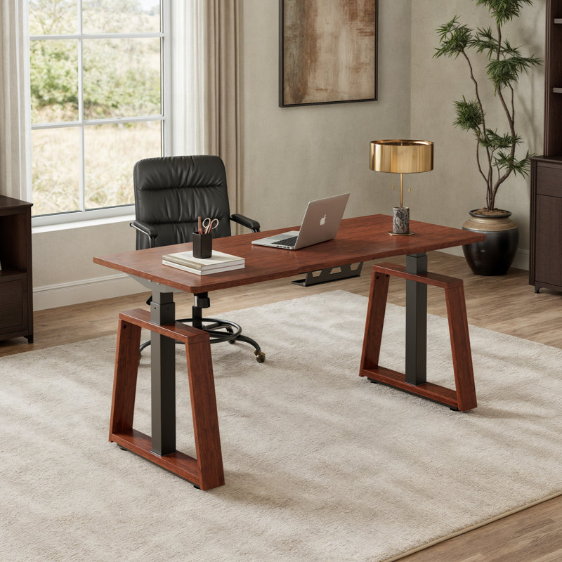 Modern 63 Inch Standing Executive Adjustable Desk, Brown/Teal
