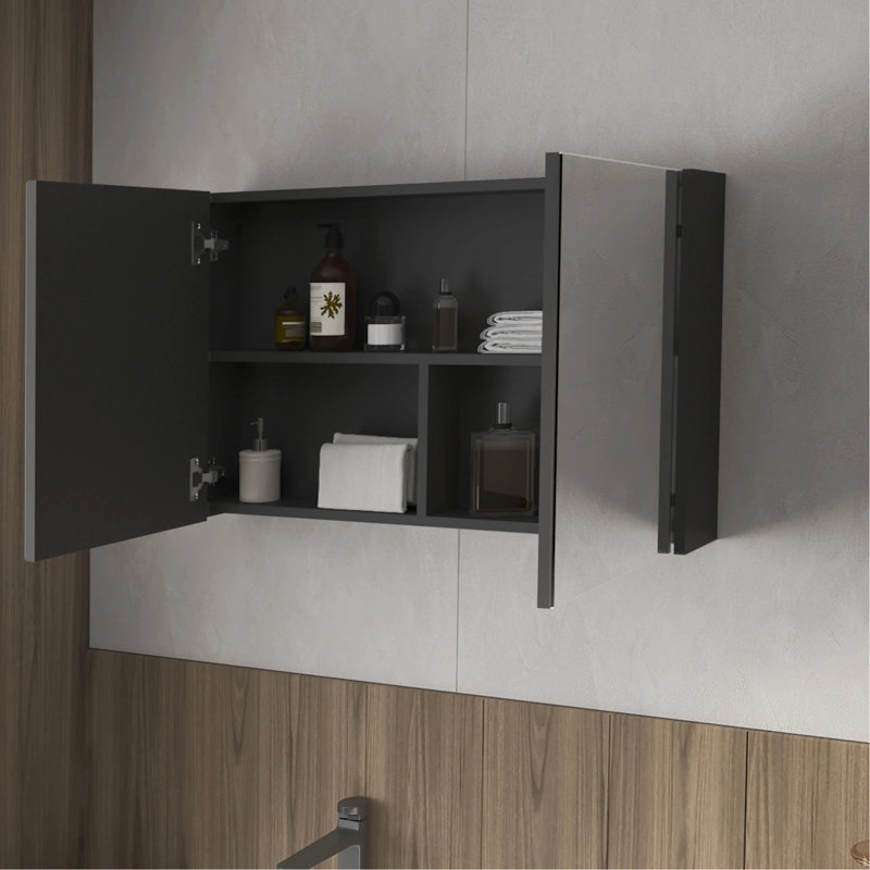 Black Cabinet For Bathroom With Mirrors And 3 Shelving Options Three Shelf Areas, Black