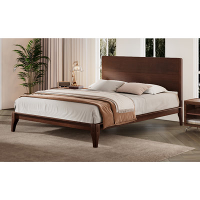 Grand lit plateforme Mid-Century moderne en bambou, 12 po, support en métal à lattes de bois, sans sommier, chocolat