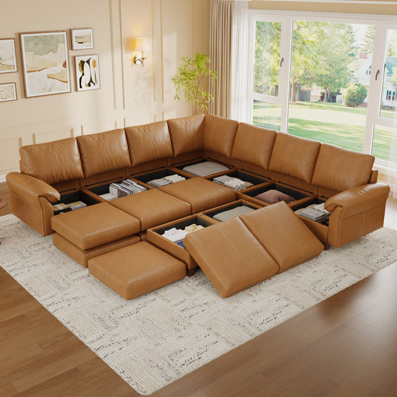 Canapé modulaire 120 po à 9 places en simili cuir avec rangement 120 po, brun, Brun