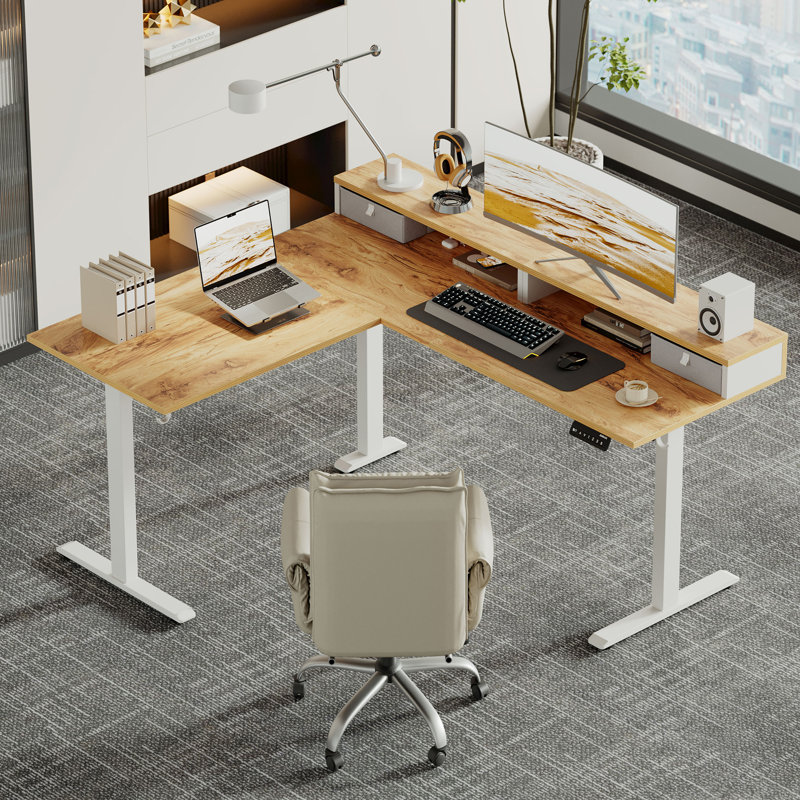Bureau debout électrique en L à hauteur ajustable de 75 pouces avec tiroirs et tablette pour écran, bureau de coin ergonomique avec crochets et gestion des câbles, noir