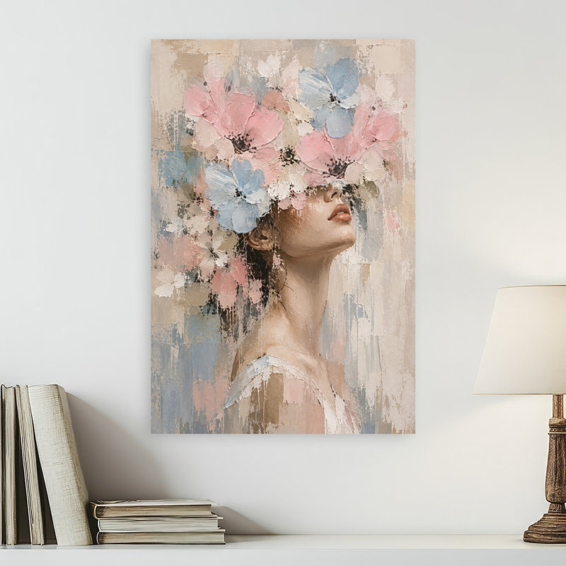 Femme rêveuse aux fleurs - Portrait abstrait contemporain - Affiche murale florale, H 24 po x l 16 po