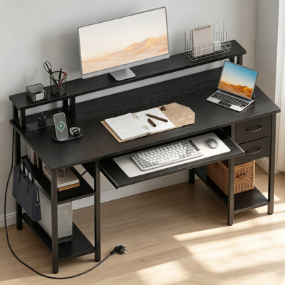 50cm Computer Desk with Drawers, Keyboard Tray, Built-in Power Outlet & Ergonomic Monitor Stand, Large Storage Shelf Home Office Workstation for Study & Working