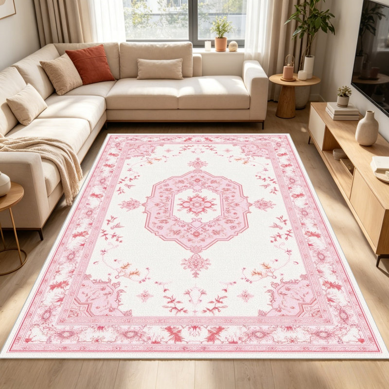 Pink White Persian Rug Carpet-waterproof, easy to clean, machine-washable, soft and comfortable; suitable for door mats, kitchens, living rooms, bedrooms, corridors, and laundry areas. Easy to clean, durable carpet for home decoration.