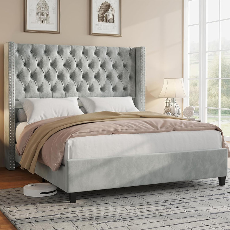 Black Velvet Queen Bed Frame with Tufted Upholstered Headboard