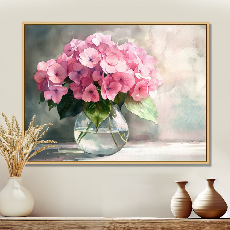 Hortensias dans un vase en verre III - hydrangées, art mural, H 12 po x l 20 po, Crème, crème