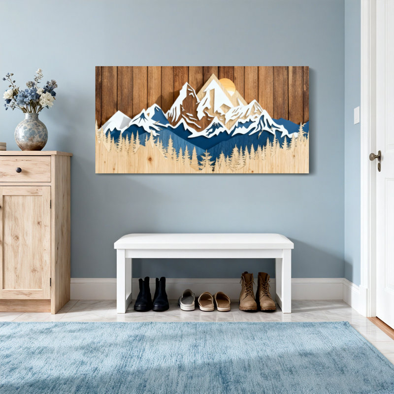 Paysage et nature, chaîne de montagnes avec neige et arbres, H 28 po x l 58 po
