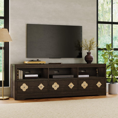 Meuble télé 70 po pour téléviseur de 85 po ou moins, meuble de divertissement moderne Mid-Century avec tiroir de rangement et tablettes ouvertes