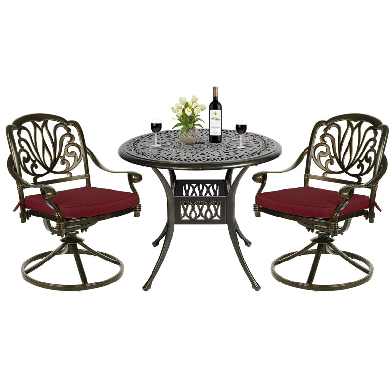 Ensemble bistro rond avec coussins 35,4 po, Rouge piment, Bronze foncé