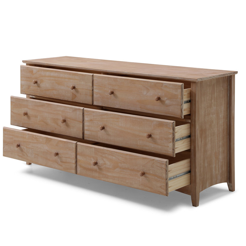 Commode 6 tiroirs en pin, Blanc délavé