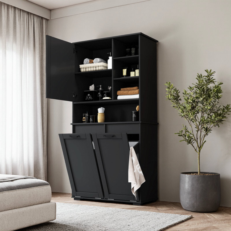Armoire de rangement pour buanderie autoportante avec deux paniers inclinables et tablettes réglables - Organisateur multifonctionnel pour la maison et la salle de bain