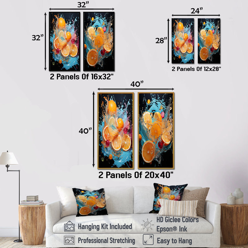 «Orange Soda Fizzy Abstraction», ensemble de 2 impressions murales soda, Encadrement brun, H 40 po x l 41 po