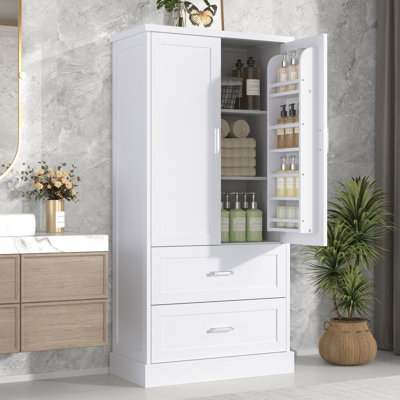 Armoire de rangement haute pour salle de bain, armoire avec deux portes et tiroirs, tablette réglable