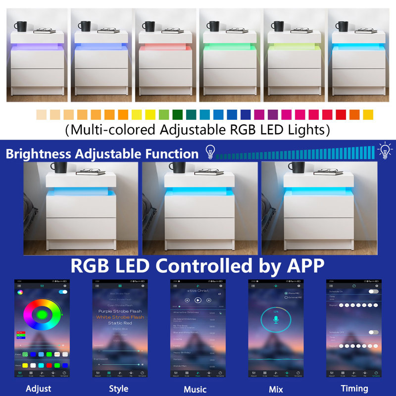 2 - Drawer Nightstand with APP Controlled LED Light and High Gloss Finish, White