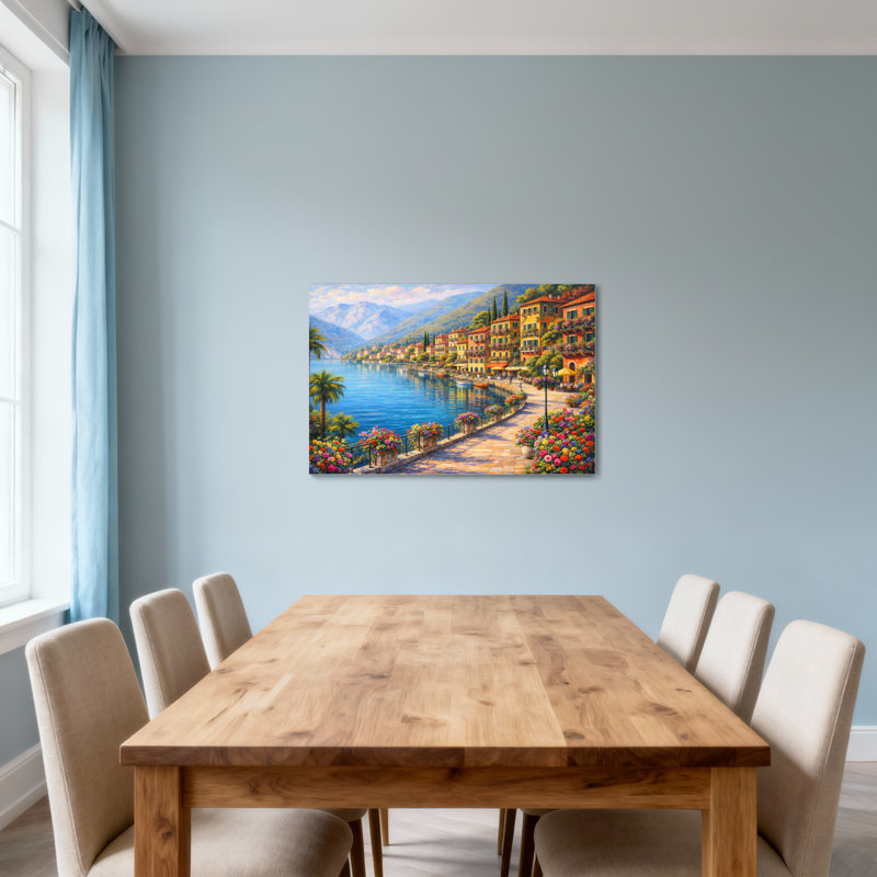 Scène de village côtier méditerranéen, H 12 po x l 18 po