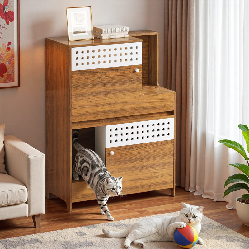 Ensemble de bac à litière moderne avec trous de ventilation Airy, Brun