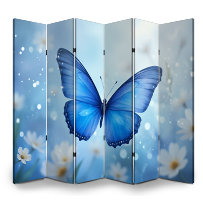 Cloison pliante 6 panneaux séparateur papillon bleu royal marguerites blanches toile de bokeh douce séparateur de protection autoportant cloison d'intimité