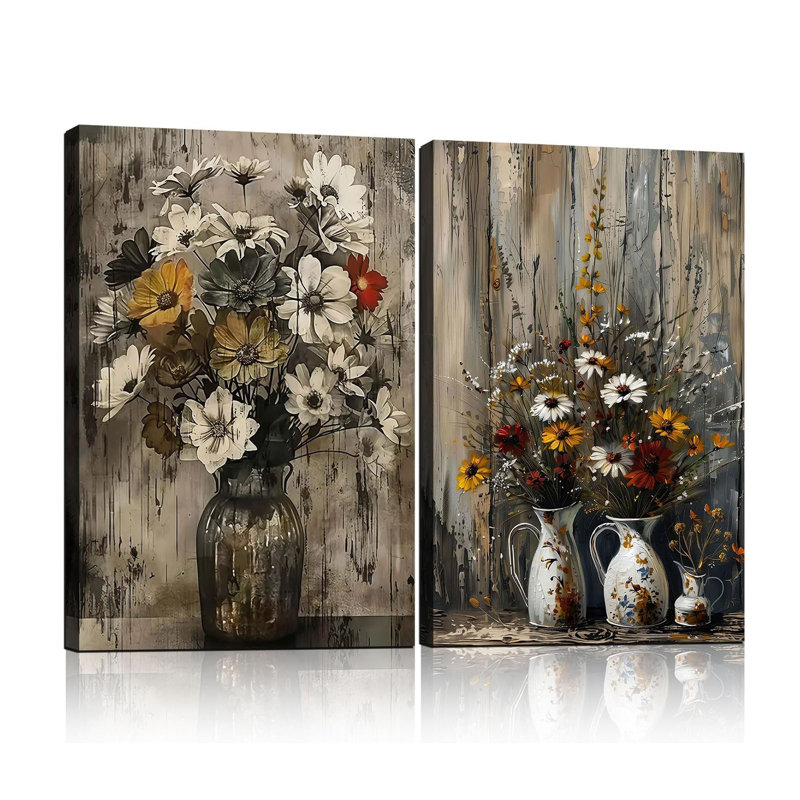 2Pcs Framed Rustic Metal Vase Wall Art Canvas Home Vintage Floral Farmhouse Decor Country Style Indoor Kitchen Living Room Bedroom Home Office Dining Ready To Hang 24X16 Inch