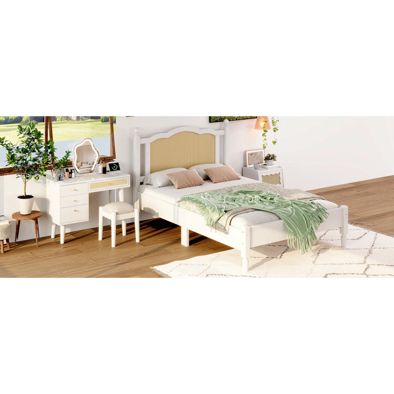 Ensemble de chambre à coucher 3 pièces avec cadre de lit en bois, 1 table de chevet rétro et 1 coiffeuse de maquillage avec tabouret