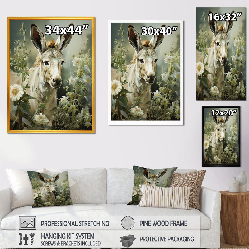 «Farmhouse Donkey In Field VI», art mural âne, H 32 po x l 16 po x P 1 po, Cadre flottant doré
