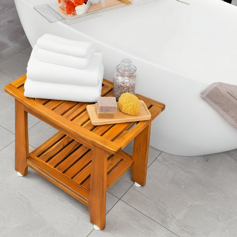 14.1-Inch Compact Teak Shower Stool With Shelf And Armrests. Waterproof And Non-Slip. Suitable For Small Bathrooms And Outdoor Use. Weight Capacity: 300 Lbs.