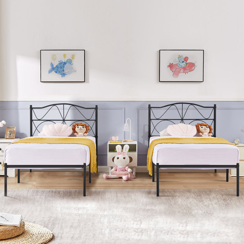 Chelby Set of 2 Twin Size Bed Frame Metal Platform Bed with Curved Design Headboard Strong Slats Support, Black