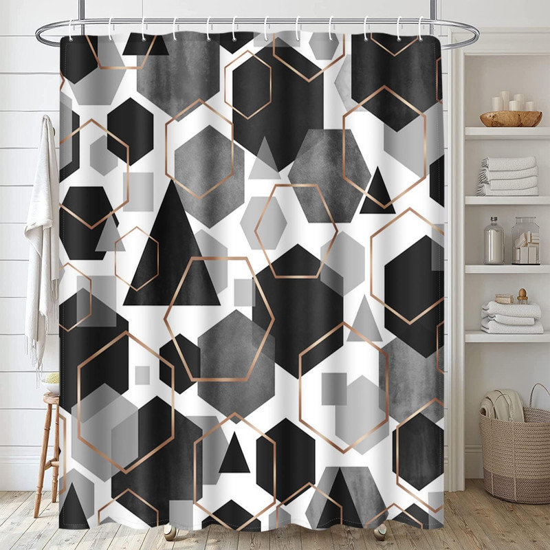 Ensemble de rideau de douche noir à motif géométrique abstrait à motif géométrique moderne, polyester imperméable avec crochets