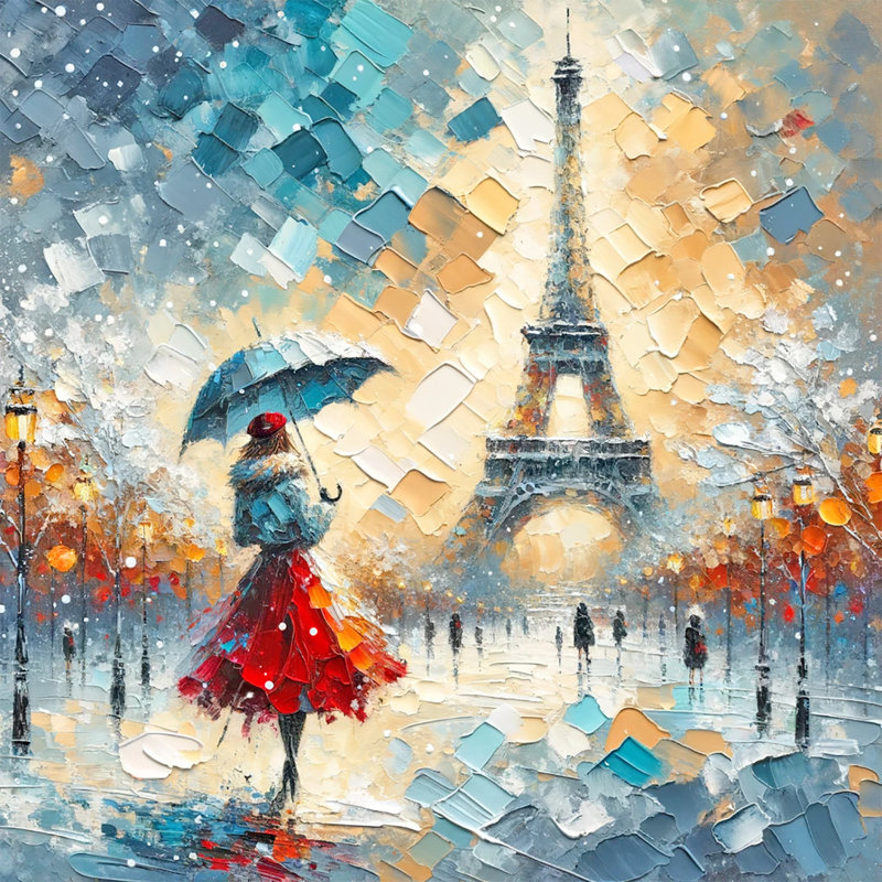 «Romantic Parisian Rainy Day - Tour Eiffel de style empâtement et femme avec parasol sur toile», H 12 po x l 12 po x P 1 po
