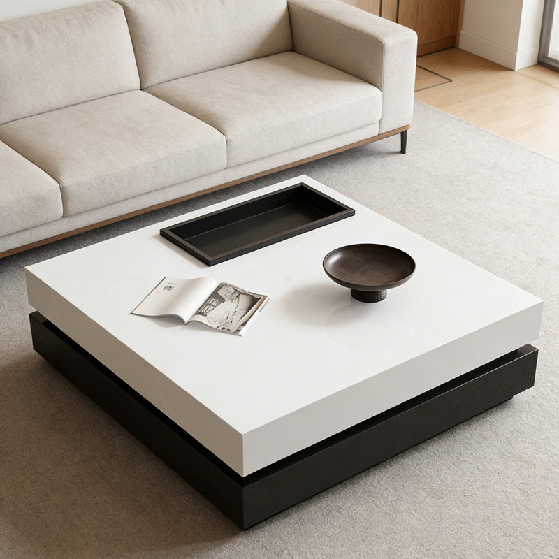 Table basse carrée sur pied avec plateau, Blanc, H 13,77 po x L 47,24 po x l 47,24 po, Noir