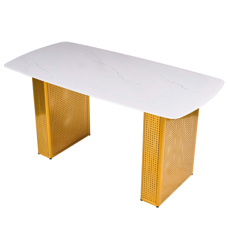 Table de salle à manger rectangulaire moderne en verre trempé, à motif de marbre avec base en métal à double piédestal, idéale pour la salle à manger et le bureau personnel