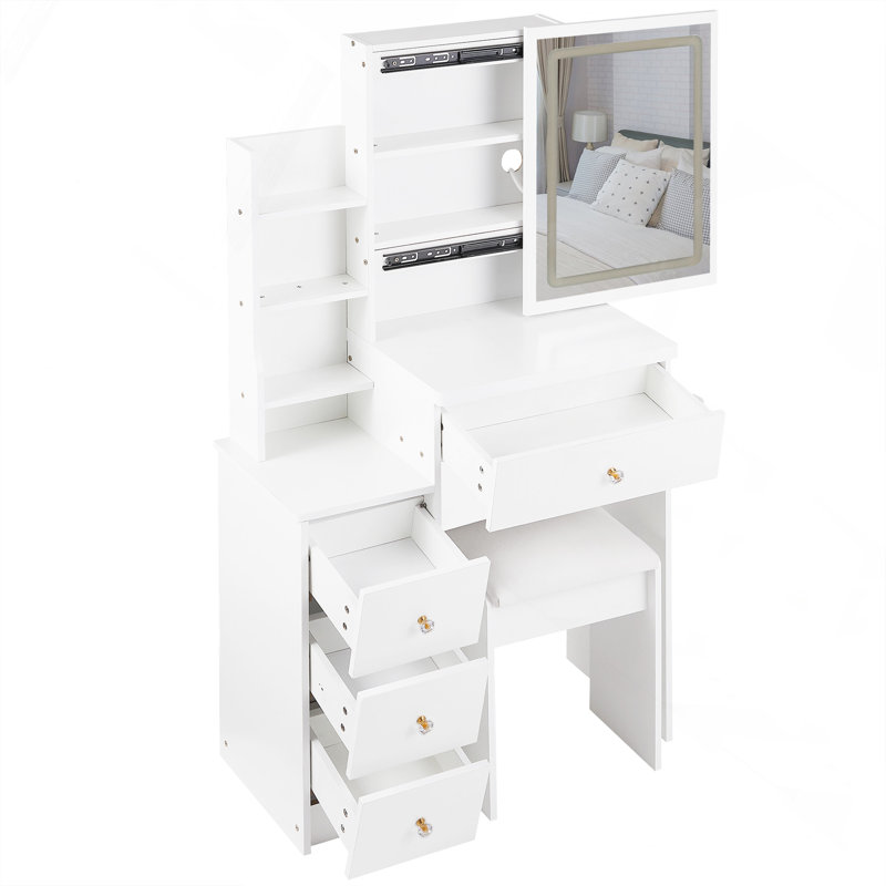 29.2" Small Size Left Bedside Cabinet Vanity Table With Cushioned Stool, 2 AC Outlets And 2 USB Ports Power Station, Hair Dryer Bracket, Brightness Adjustment
