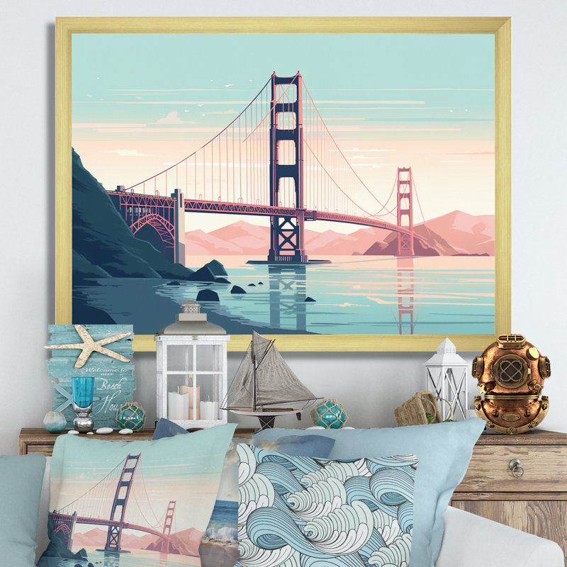 Golden Gate Bridge San Francisco II, reproduction d'art sur toile, H 12 po x l 20 po x P 1 po, Encadrement doré
