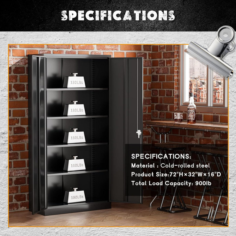 72'' Black Steel Lockable Storage Cabinet with Adjustable Shelves