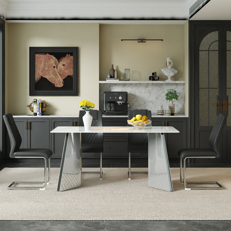 Ensemble table et chaises Ensemble de table de salle à manger luxueuse en pierre frittée froide de 63,3 pouces de 31,4 pouces - 4 chaises en polyuréthane de haute qualité avec pieds arqués en métal argenté