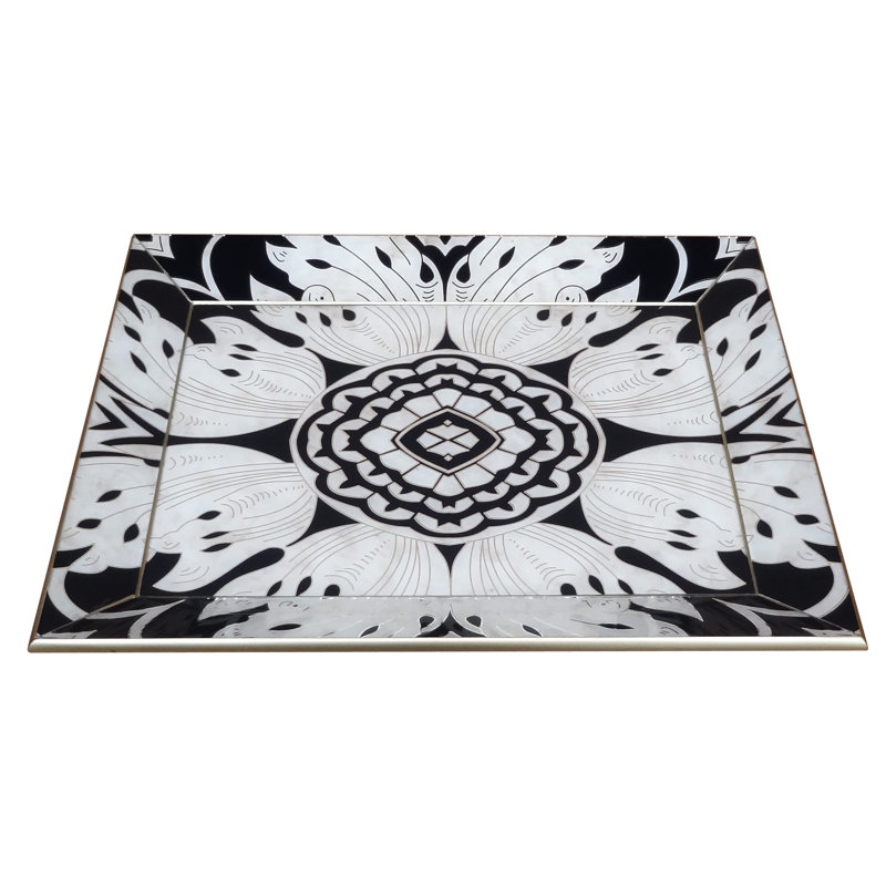 Reverse Painted Mirror Accent Coffee Table Tray, 1.6" H x 17.7" W x 24" D, Sand/Silver