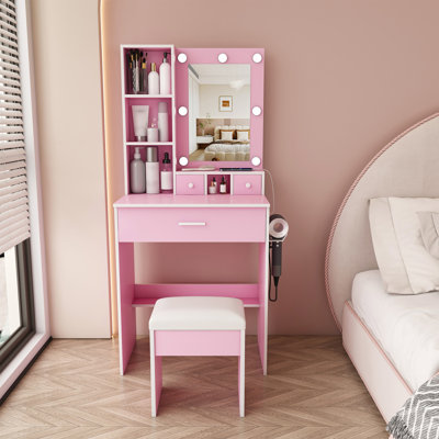Table de coiffeuse avec miroir et lumières DEL réglables, prise de courant, support pour séchoir à cheveux et tabouret - coiffeuse compacte pour petites chambres (rose)