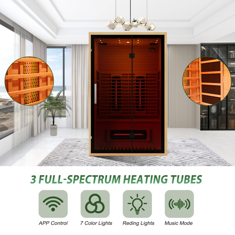 Hylivesaunas Full Spectrum Infrared Sauna for 2 Person, Upgraded WiFi Control Indoor Red Light Therapy Canadian Hemlock Wood Home Spa Saunas, Speaker, Oxygen bar, Reading & 7-Color Light, 1750 W, 110V US Instock