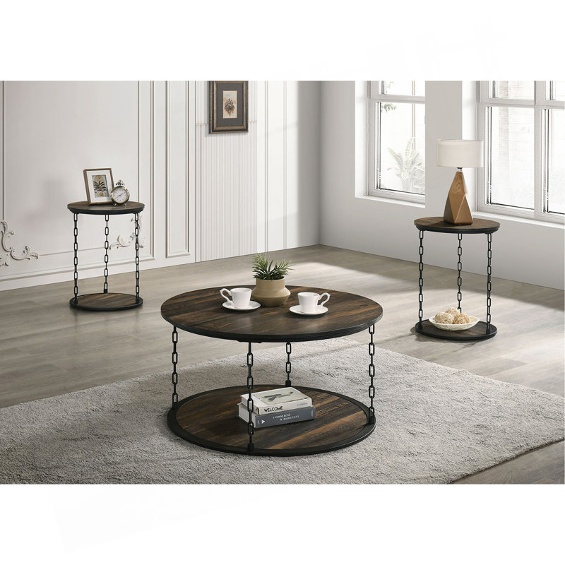 Ensemble de table rustique de style rustique 3 pièces 1 table basse 2 tables de bout décoratives à deux niveaux avec rangement brun foncé