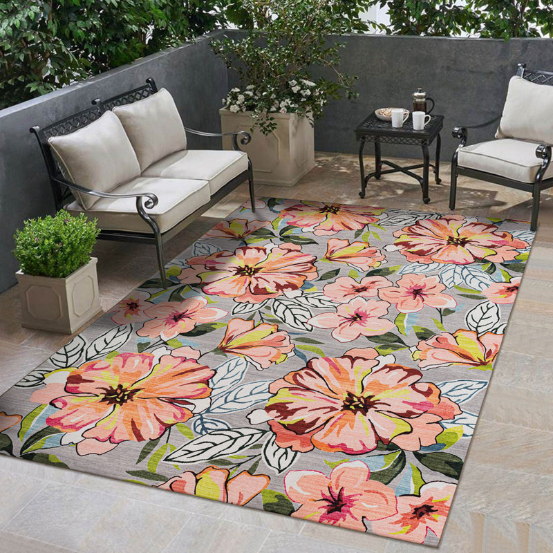 Floral Colorful Design Outdoor Rug Pink/Gray