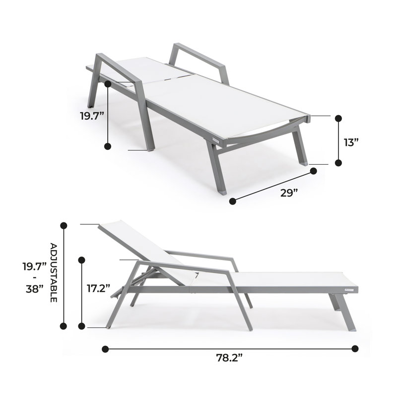 Marlin Outdoor Patio Reclining Chaise Lounge Arm Chair with Gray Powder-Coated Aluminum Frame- Breathable Sling Mesh Fabric, Adjustable Backrest