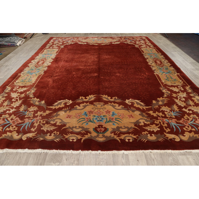 Tapis brun en laine noué à la main de conception unique 9 pi 9 po x 13 pi 1 po des années 1970 Braelin