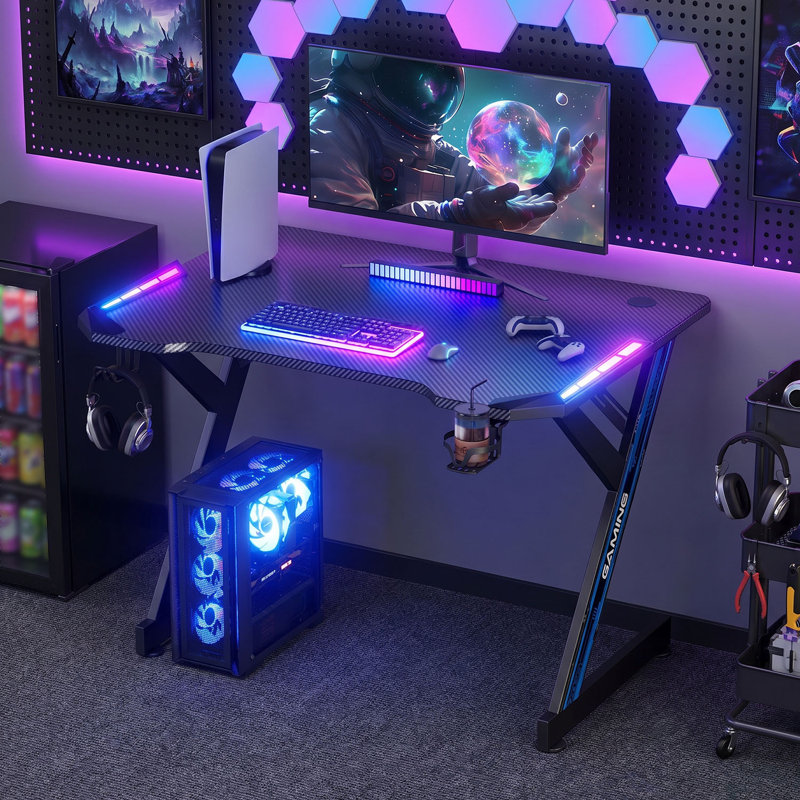 Y-Shaped Ergonomic Gaming Desk with RGB LED Strip Lights, Carbon Fiber Texture Desktop, Gaming PC Workstation, Game Table with Headphone Holder & Cup Holder, Black