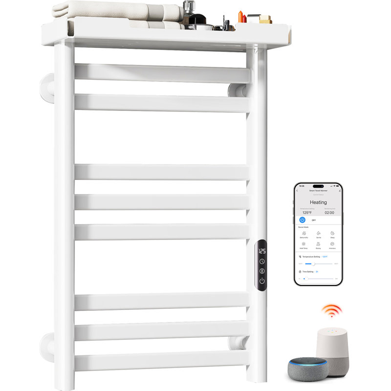 Porte-serviettes chauffant ENZE Smart, chauffe-serviettes électrique mural 8 barres 160 W avec tablette, contrôle d'application Wi-Fi et écran tactile à DEL, température réglable et minuterie 24 heures, IPX5, à brancher / câblé, blanc