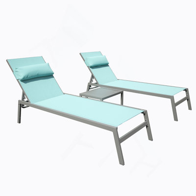 Patio Chaise Lounge Set Of 3, Aluminum Pool Lounge Chairs With Side Table, Outdoor Adjustable Recliner All Weather For Poolside, Beach, Yard, Balcony (Lake Blue)