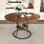 Table de salle à manger ronde extensible 4 à 6 places (110 à 150 cm), placage noyer et métal noir, fermeture à rail, grain naturel, étagère renforcée, chaises non incluses, design scandinave, piètement en métal, résistant aux égratignures