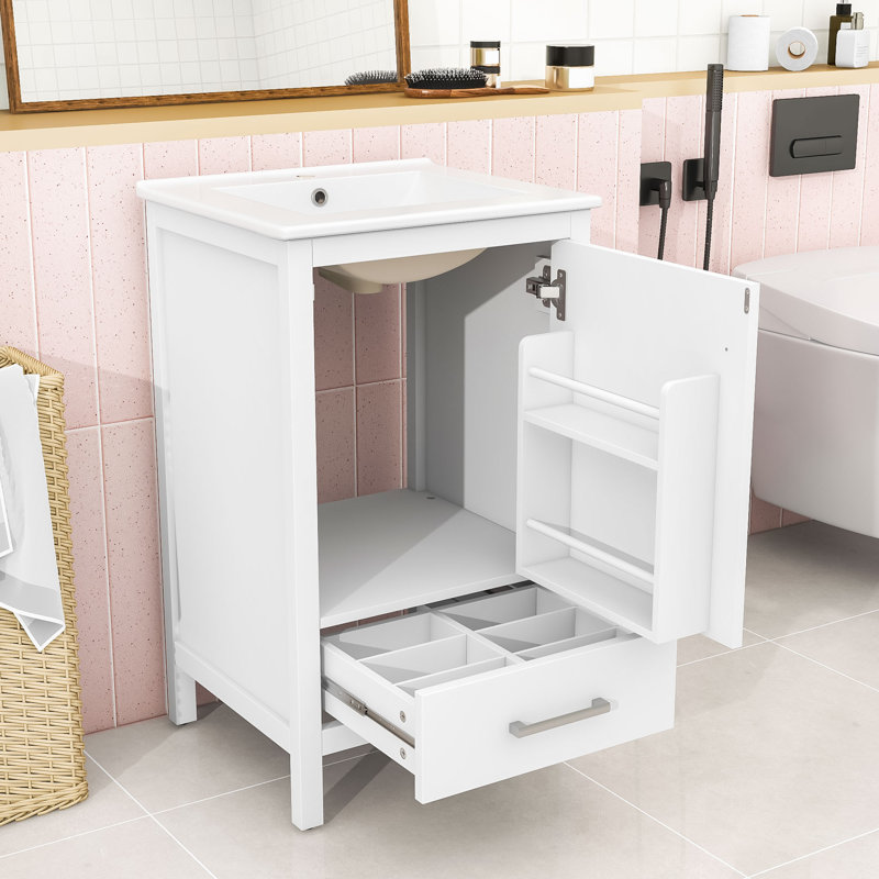 Meuble-lavabo compact compact avec lavabo en céramique, tiroir et organisateur double couche, Blanc