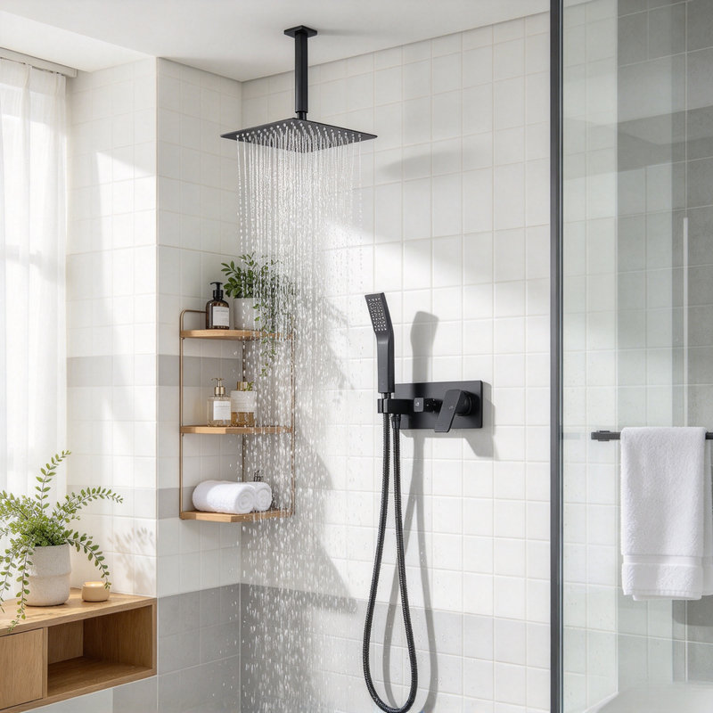 Système de douche noir mat, pomme de douche effet pluie de 25 cm (10 po) à montage au plafond avec douchette, ensemble robinetterie de douche avec corps de vanne et trousse de garniture inclus