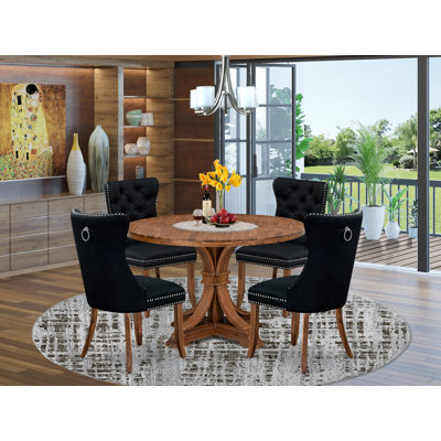 235DC4BA667643D195BD30ED7CC69110 5-Pc Dining Table Set - Round Dinner Table & 4 Linen Fabric Chairs, Antique Walnut