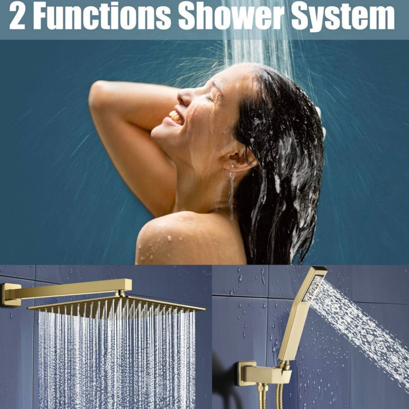 Système de robinet de douche à pression équilibrée 12 po avec douchette à main 12 po, Or brossé