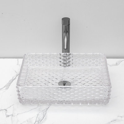 17.3" Rectangular Vessel Bathroom Sink Diamond Shaped Crystal Glass with Pop-Up Drain